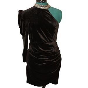 NWT! DO+ BE  Black One-Shoulder Velvet Puff Sleeve Rhinestone Choker Mini Dress